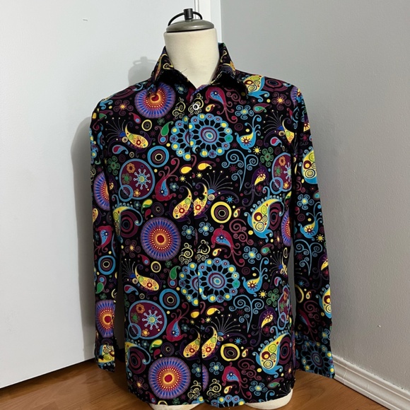 Men's Shirt Casual Tops Colorful Nightclub Blouse Long Sleeve Large - Picture 2 of 5